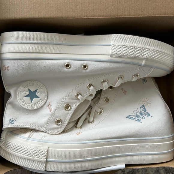 Converse White High-Tops with Blue Butterfly Design - Picture 1 of 5